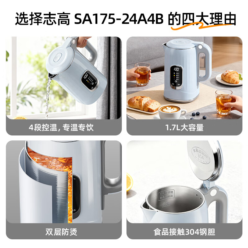 志高(CHIGO)恒温电热水壶 数显调温烧水壶自动断电保温 食品级304不锈钢烧水壶 保温热水壶1.7L大容量 天空蓝高清大图