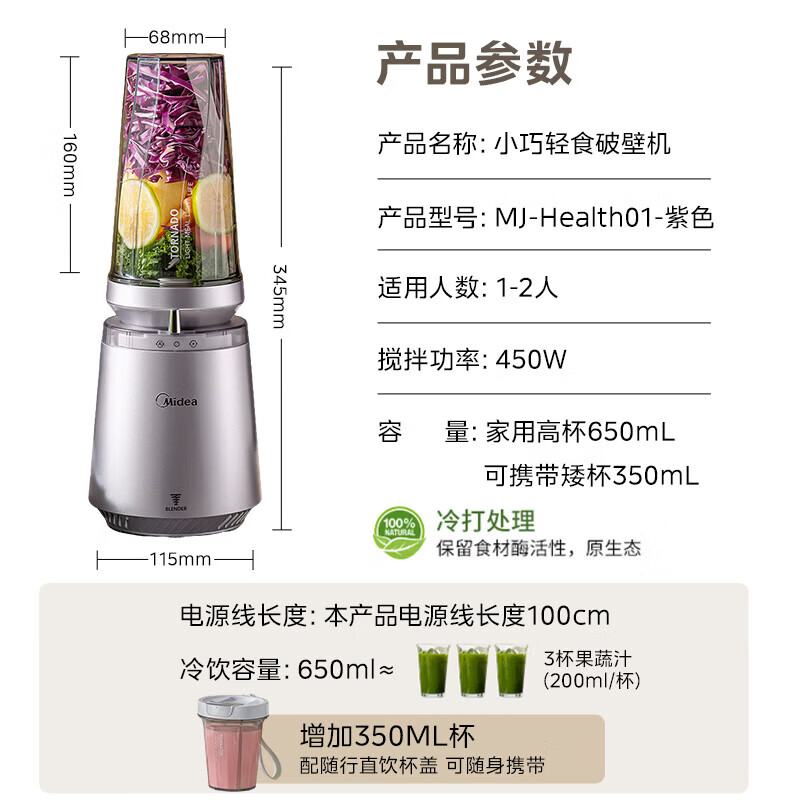 美的(Midea)小蛮腰15秒轻食破壁机家用小型全自动多功能大功率果蔬榨汁料理机 MJ-Health01高清大图