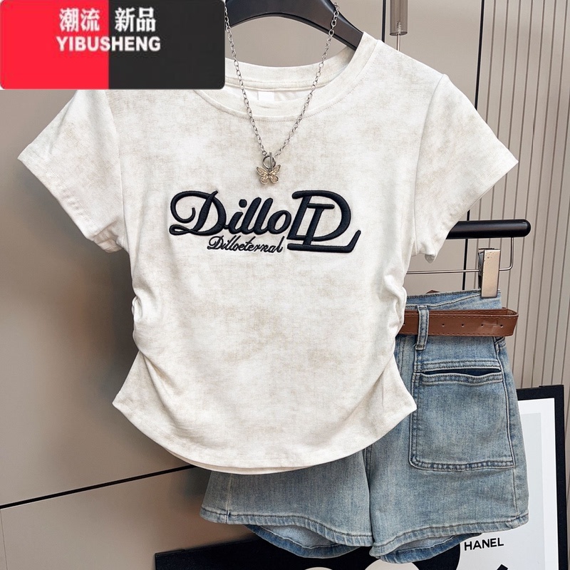 YIBUSHENG美式字母刺绣短袖T恤衫女2024季扎染设计收腰别致独特短款上衣 白色 2XL推荐体重135-145斤