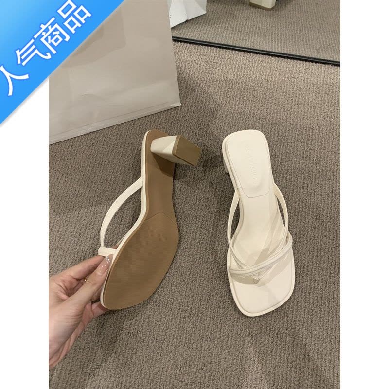 SUNTEK法式晚风凉拖外穿女鞋子2023年春夏新款粗跟细带配裙子百搭凉鞋图片