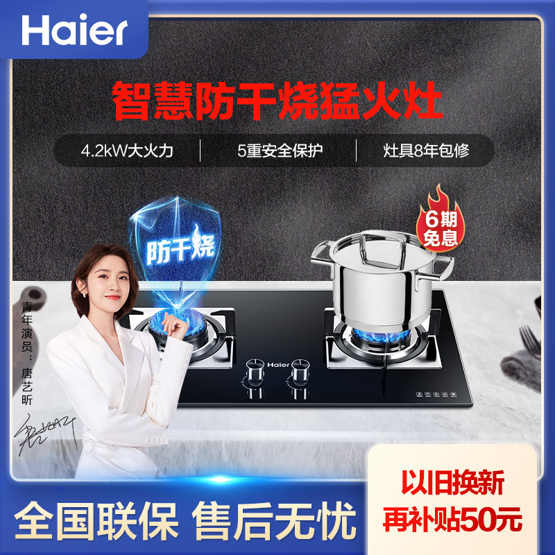 海尔(Haier)4.2kW燃气灶具JZY-QE9B1(20Y)智能防干烧,智能熄火保护,台嵌两用,家用大火力液化气灶