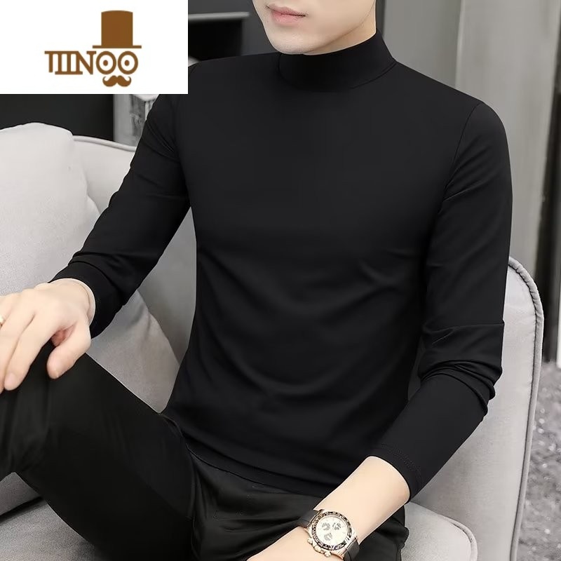 YANXU莫代尔半高领长袖t恤男士薄款修身内搭打底衫中领秋衣男高清大图