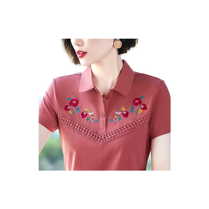 棉 妈妈t恤女夏装新款绣花翻领衫运动休闲短袖上衣服