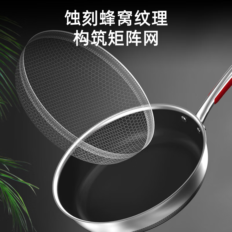 康巴赫煎锅316L不锈钢蜂窝不粘锅平底锅少油烟牛排锅电磁炉燃气通用Pro蜂窝316L双面纹煎锅26cm高清大图