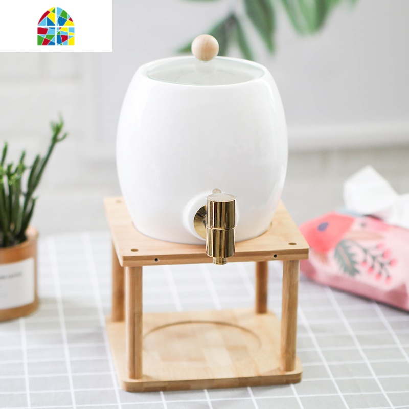 可高温可开水凉水壶套装啤酒桶家用陶瓷凉水壶水龙头冷水壶大容量 FENGHOU 单个竹架子2升款(含挂钩)高清大图