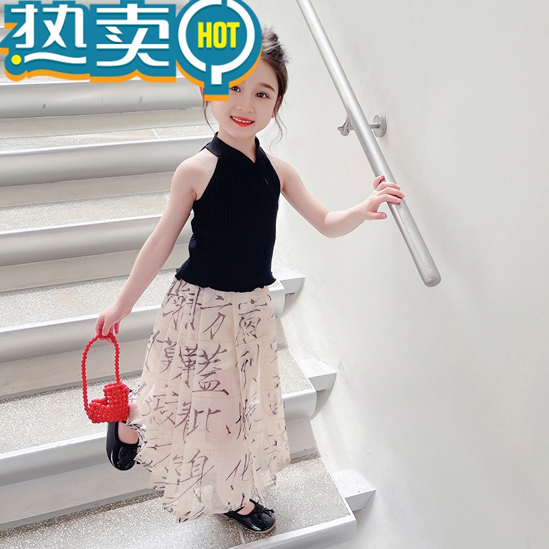 绿彩虹光女童夏装裙子中国风套装裙2023新款儿童马面裙夏季宝宝汉服连衣裙