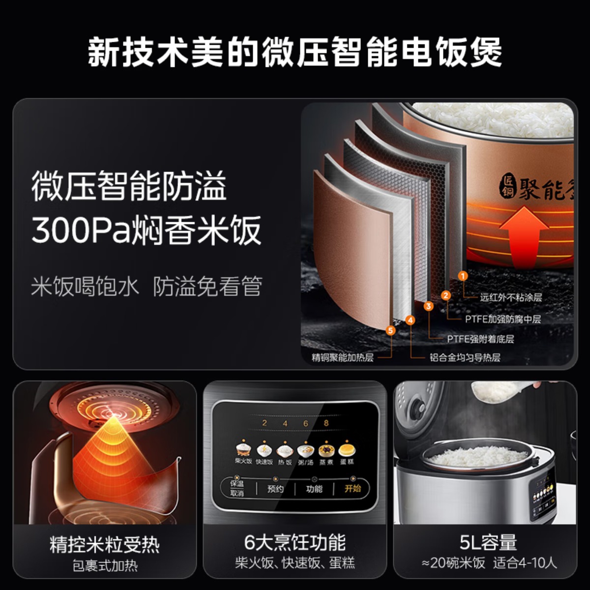 美的(Midea)电饭煲家用电饭锅5L大容量4-5-8-10人多功能智能预约柴火饭煲汤煮粥蛋糕不粘内胆微压煮饭锅 灰黑色高清大图