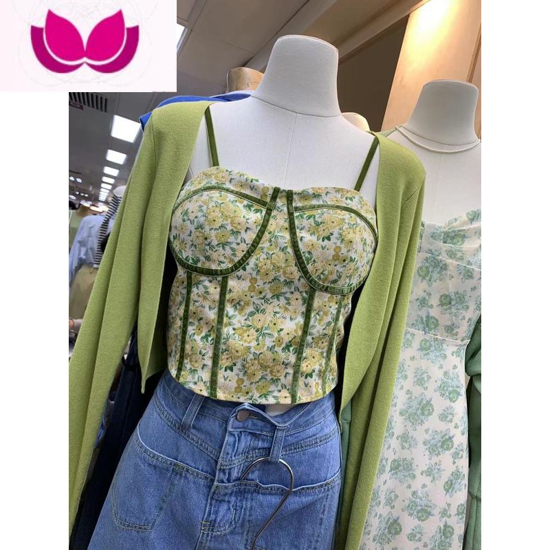 七斓十三行套装女新款2023小个子针织开衫碎花吊带背心短款套高清大图