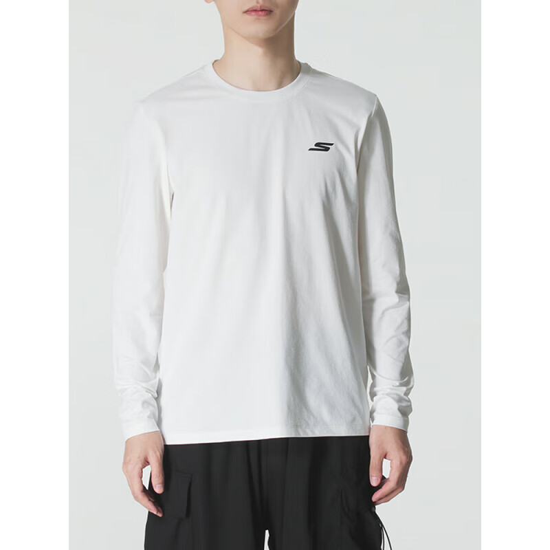 斯凯奇(Skechers)男装 秋季新款运动服训练健身时尚休闲日常套头衫舒适长袖T恤 P225M287-0019 白/黑色 XL