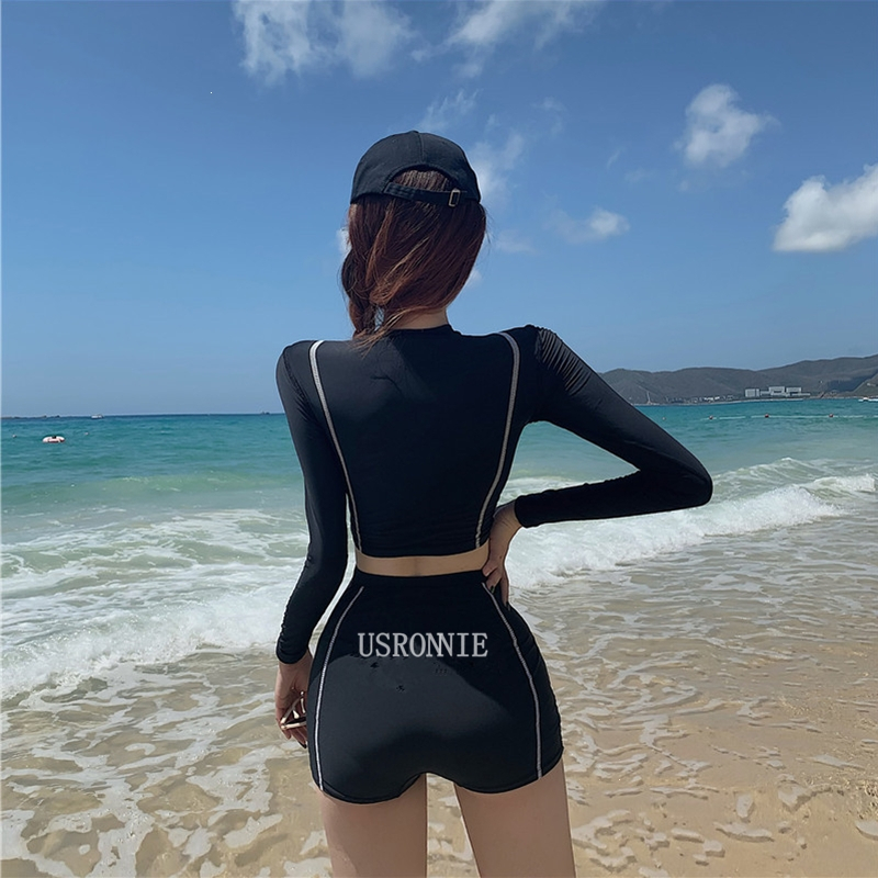 闪电客分体高腰平角泳衣女防晒长袖遮肚显保守泡温泉沙滩泳装