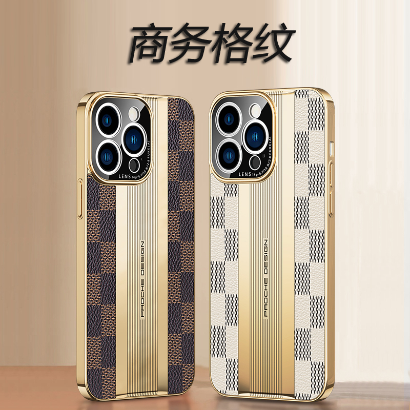 魅爱琳 iPhone14 Pro Max手机壳 苹果14Plus保护套外壳 商务轻奢格纹 轻薄全包电镀时尚 防摔软套复古