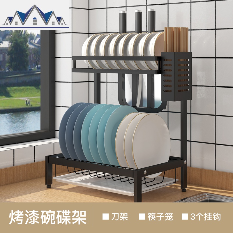黑色不锈钢厨房置物架沥水碗碟架筷笼收纳架小型厨房收纳碗架神器_1_132 {经典款}碗碟架+刀架+筷子笼
