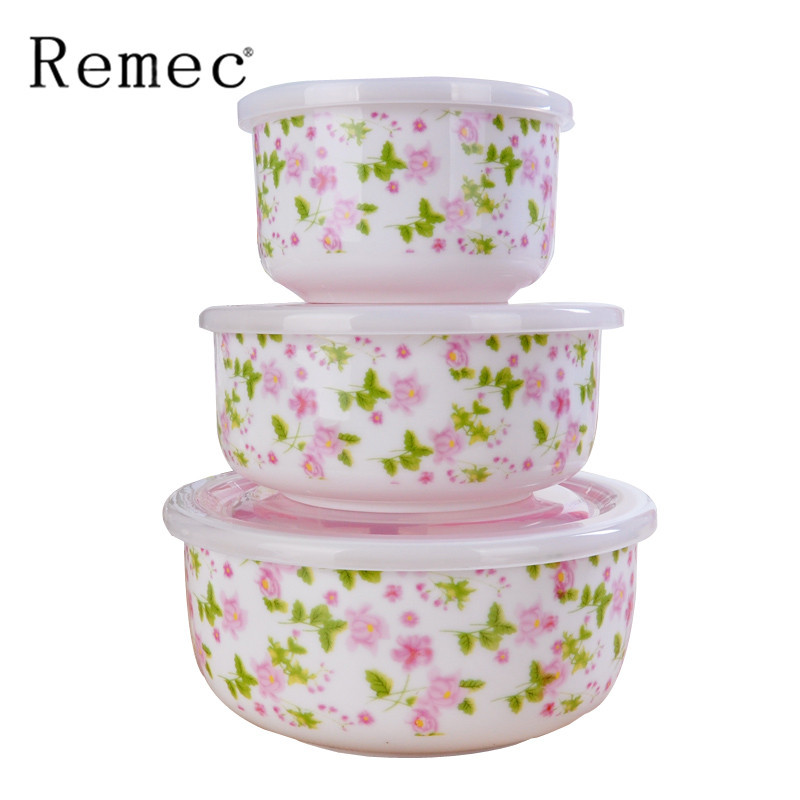金禹瑞美(Remec)碗 花开锦簇骨瓷保鲜碗三件套 保鲜碗 泡面碗 便当盒 礼盒装