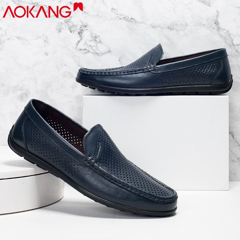奥康男鞋夏季休闲皮鞋男士镂空凉皮鞋透气豆豆鞋男士大凉鞋图片