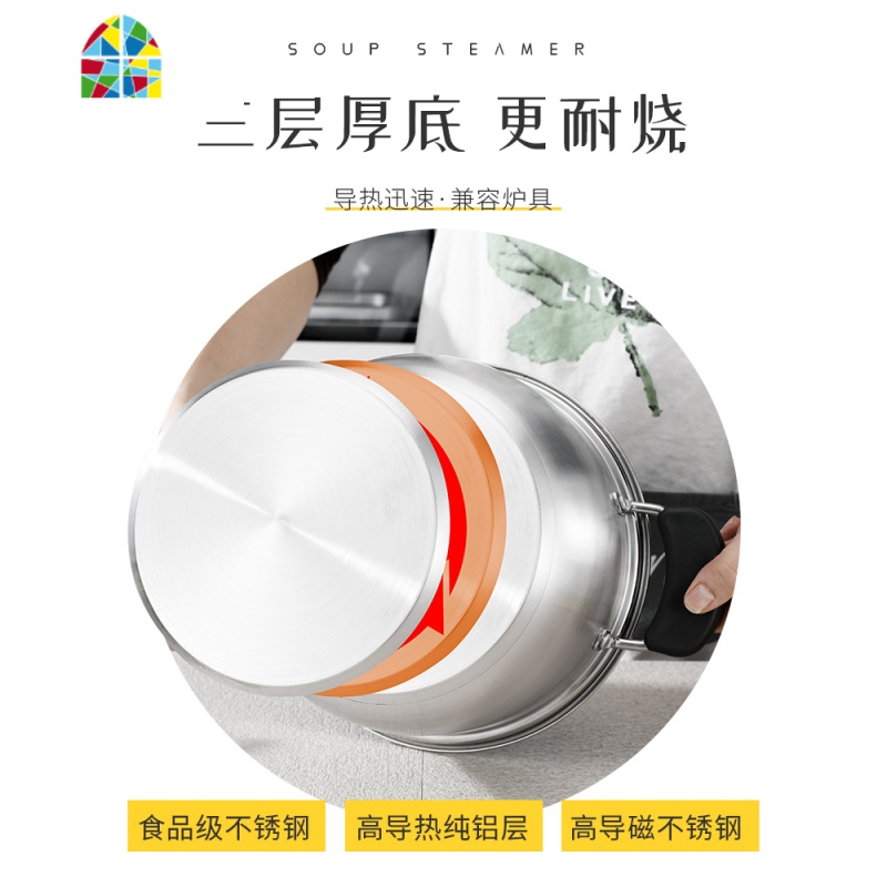 304不锈钢加厚复底汤锅 家用多层蒸锅三层底煮面锅电磁炉燃气 FENGHOU 22汤蒸锅(一层)加厚高清大图