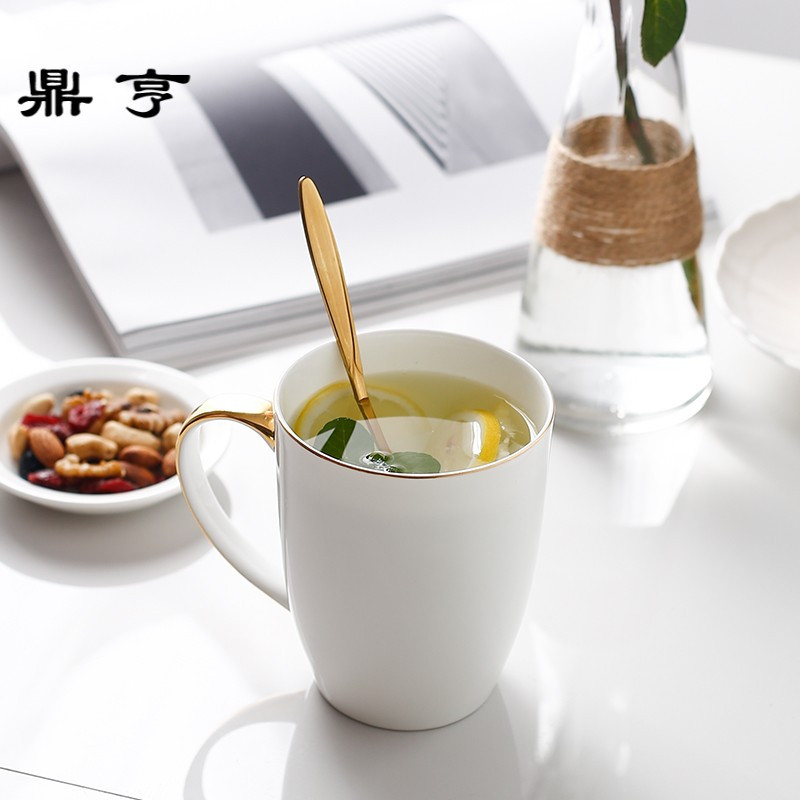 鼎亨 意式大号马克杯带盖勺 骨瓷大容量咖啡杯描金陶瓷水杯杯子