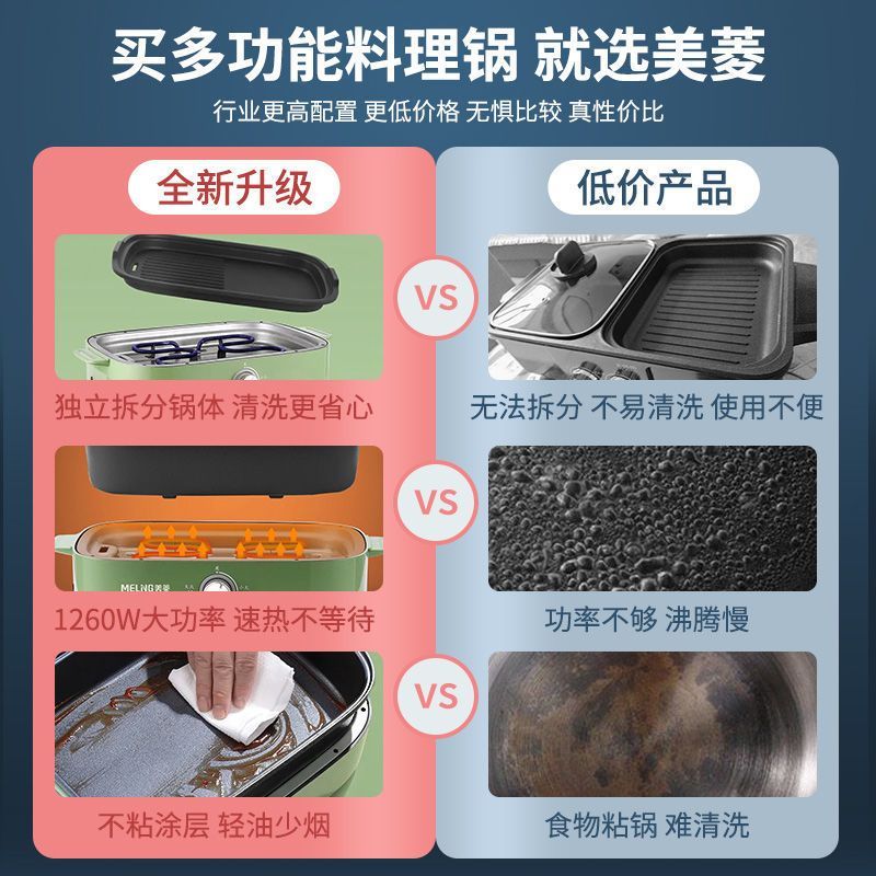 美菱(MELING)多功能料理锅电烧烤炉火锅涮烤一体锅电热火锅锅具电炒菜锅分体式家用电煎烤盘电煮锅 标配 条纹烤盘 白色