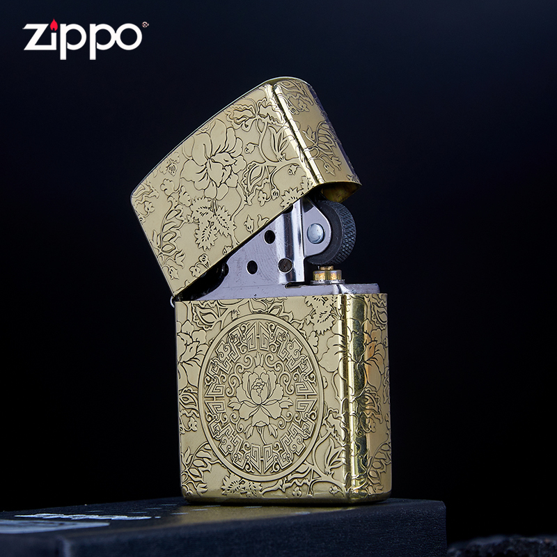 ZIPPO煤油打火机精雕富贵牡丹火机个性创意纯铜复古煤油防风国潮