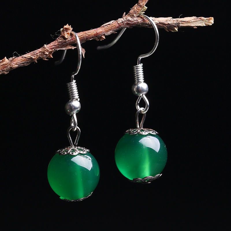 绿玛瑙耳环印象眸玛瑙圆珠耳环女款玉髓耳环简约时尚女款菠菜绿合金