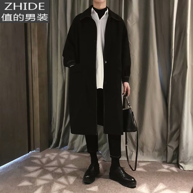 SUNTEK秋冬日系风衣男过膝中长款加厚保暖毛呢大衣男潮宽松外套呢子韩版风衣