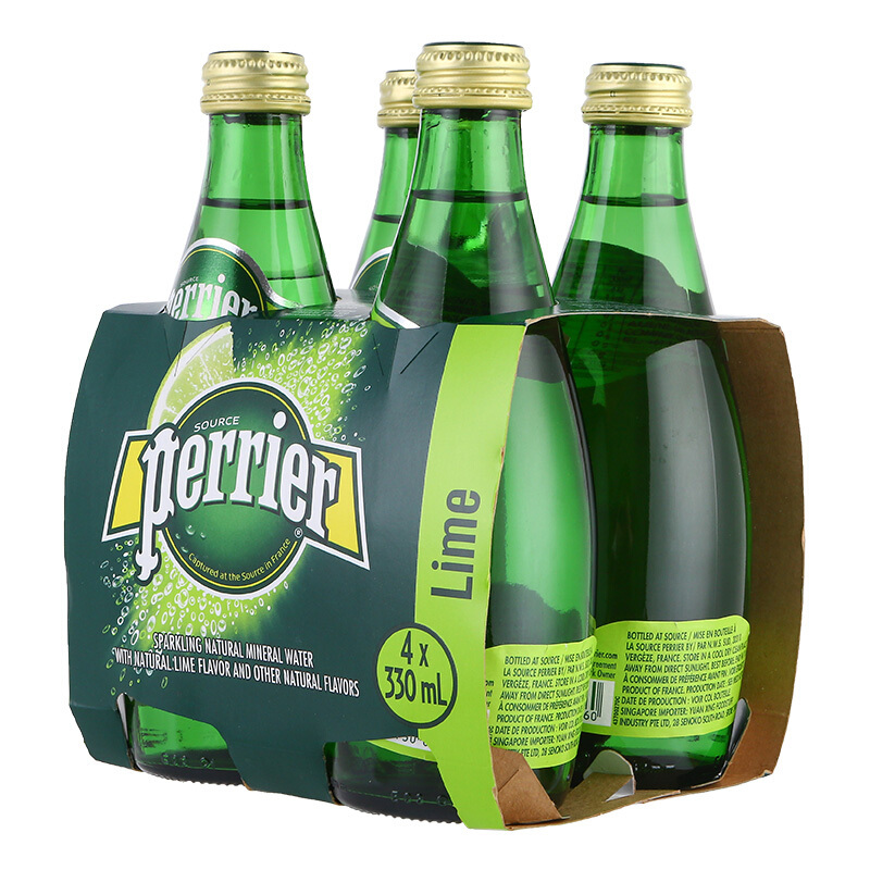 巴黎水(Perrier) 青柠味 330ml*4玻璃瓶 气泡水 含气天然矿泉水