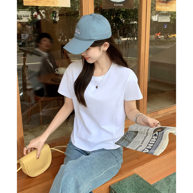 [2.5折价46元]唐狮夏季女圆领正肩分割短款短袖T恤显瘦简约百搭气质韩系
