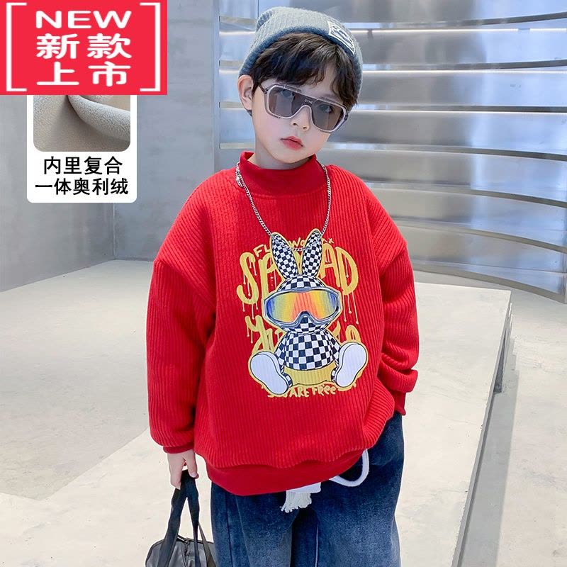 可莉允儿童冬装男童本命年洋气2023新款男孩冬季加绒毛衣红色兔年毛衣潮图片