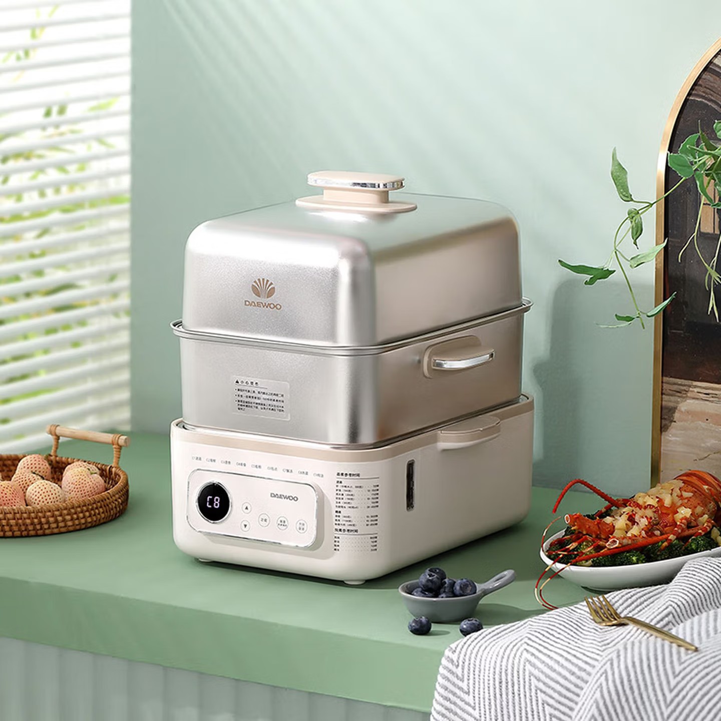 大宇(DAEWOO)12L家用多功能电蒸锅大容量双层不锈钢蒸炖可预约保温蒸锅 DYZG-1568 流苏白高清大图