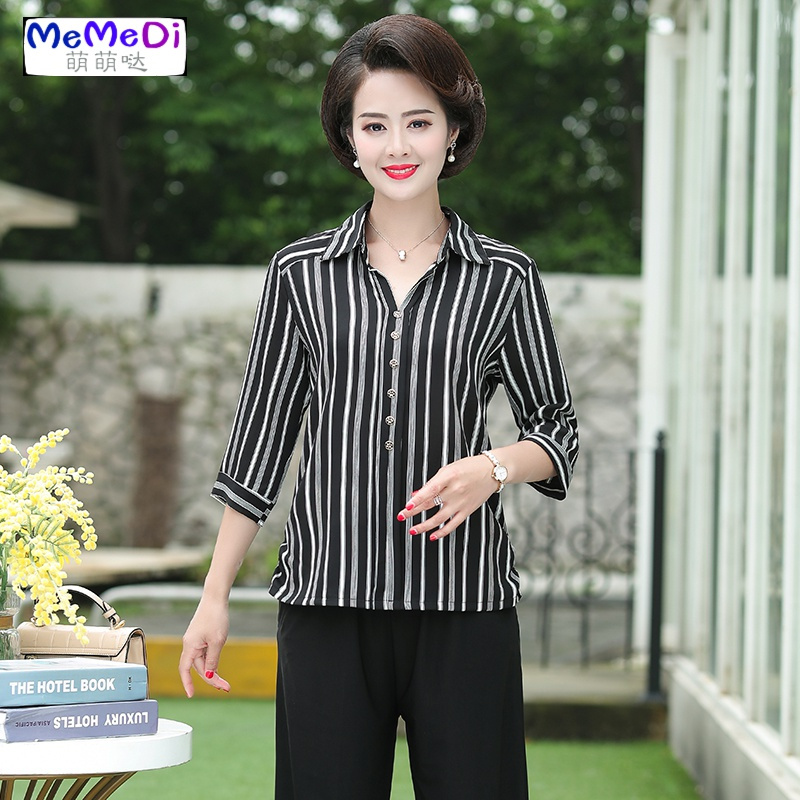 中年女装半袖T恤有领条纹衫休闲衬妈妈服夏季翻领中袖上