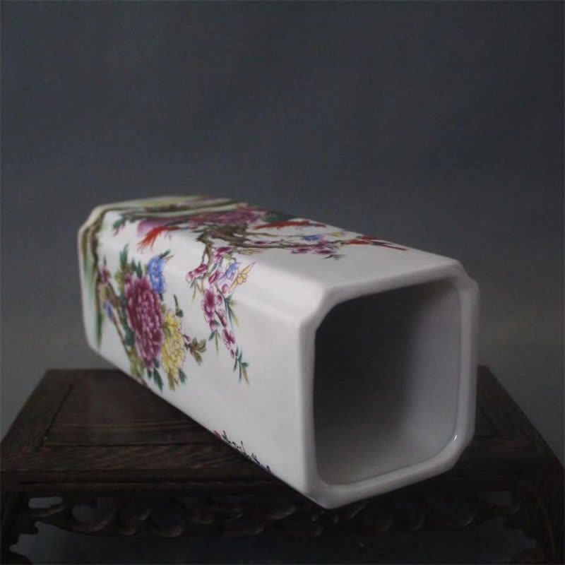 美帮汇景德镇仿古陶瓷乾隆粉彩祥凤来仪花鸟四方高笔筒家居桌面收纳摆件图片