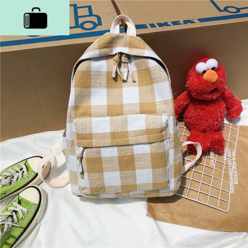 书包女学生韩版初中高中学生大容量格子双肩包古着感少女帆布背包NEW LAKE ins格子黄色