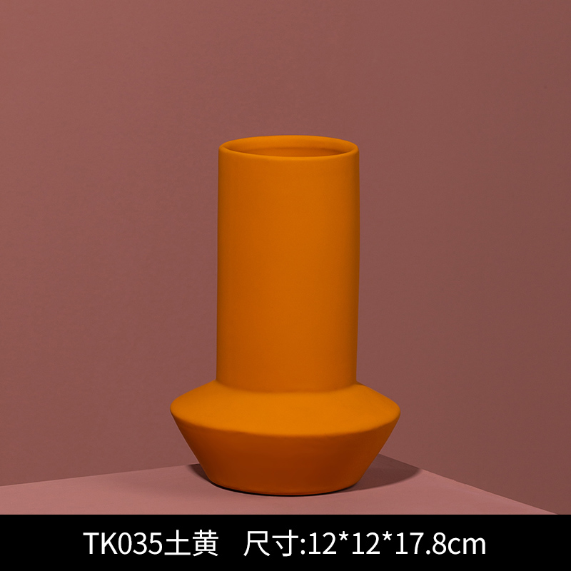 家居创意莫兰迪陶瓷北欧花瓶摆件客厅装饰插花花器电视柜摆设 三维工匠 TK035土黄高清大图