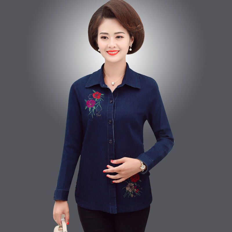 迪鲁奥（DILUAO)妈妈秋装外套中年女春秋牛仔长袖衬衫大码2019新款中老年洋气上衣_389 XXL 二号色