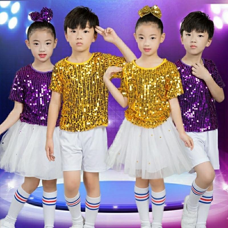 元旦儿童现代舞演出服幼儿园爵士表演服女童舞蹈服装亮片蓬蓬纱裙 女生黄色 100