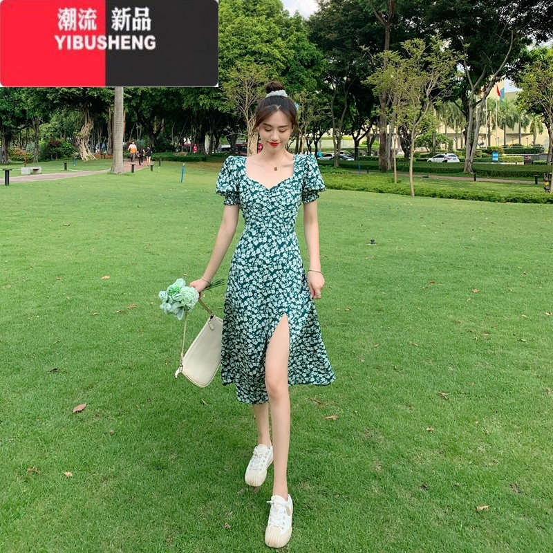 YIBUSHENG法式绿色碎花连衣裙女季新款甜美小清新复古小众茶歇开叉长裙子高清大图