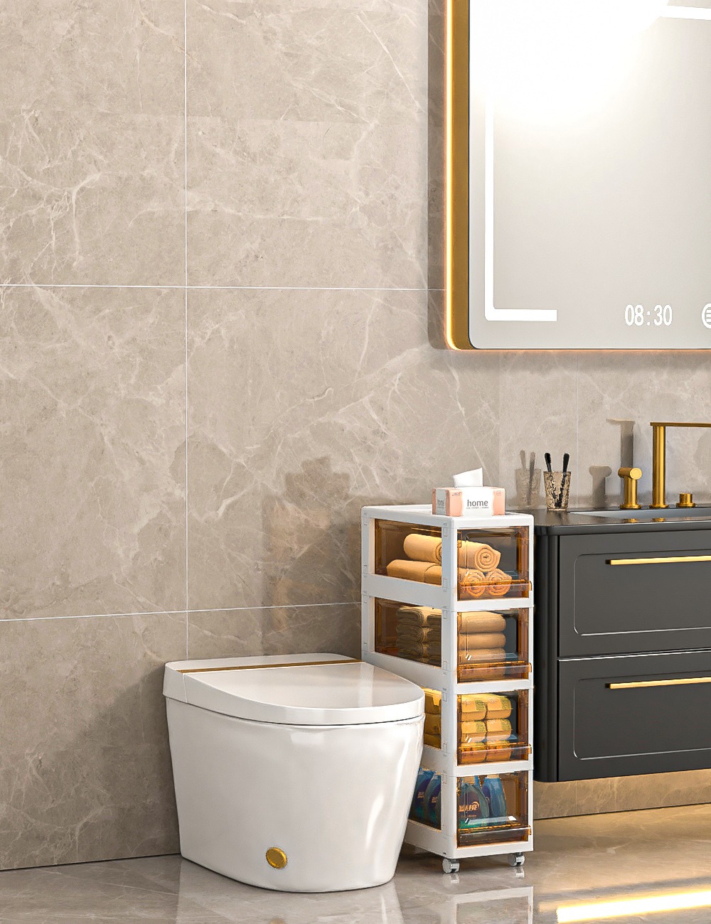 华普思可折叠夹缝收纳柜抽屉式储物箱家用宝宝零食柜卫生间窄缝整理柜子茶色象牙白20CM面宽4层可拆卸折叠多层带万向轮