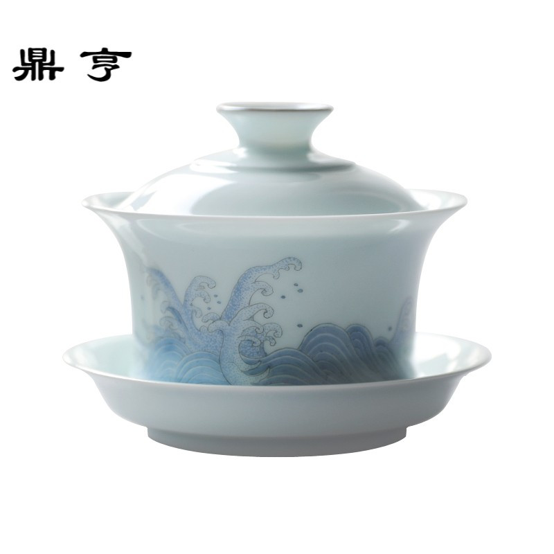 鼎亨春泥纹影青盖碗大号茶杯茶具陶瓷功夫白瓷泡茶三才景德镇品