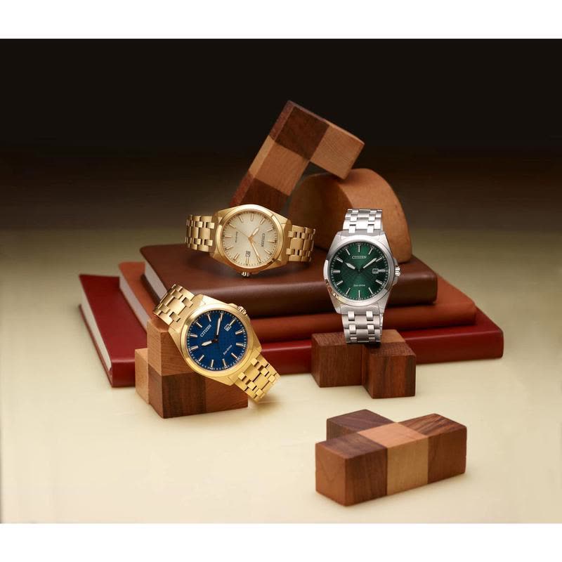 Citizen男表 金 tone蓝盘石英镜面防水生态驱动手表 商务休闲腕表 送男友图片