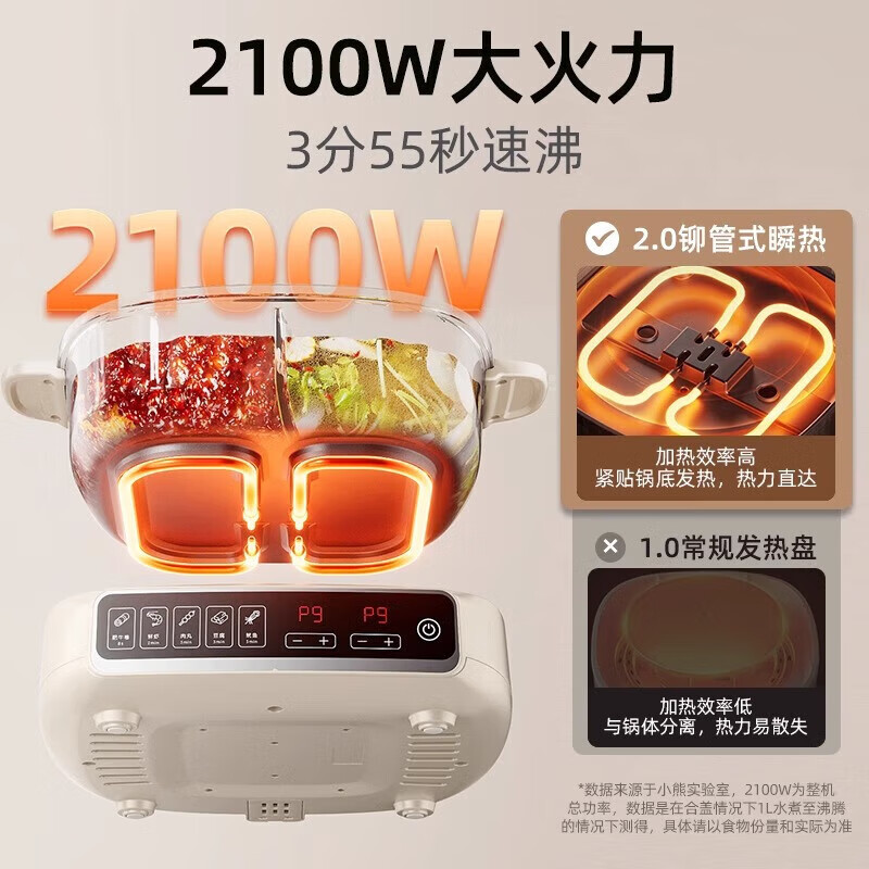 小熊电火锅 鸳鸯锅家用火锅专用锅分体多功能锅 电煮锅涮肉锅火锅锅3分钟速沸分区控温高清大图
