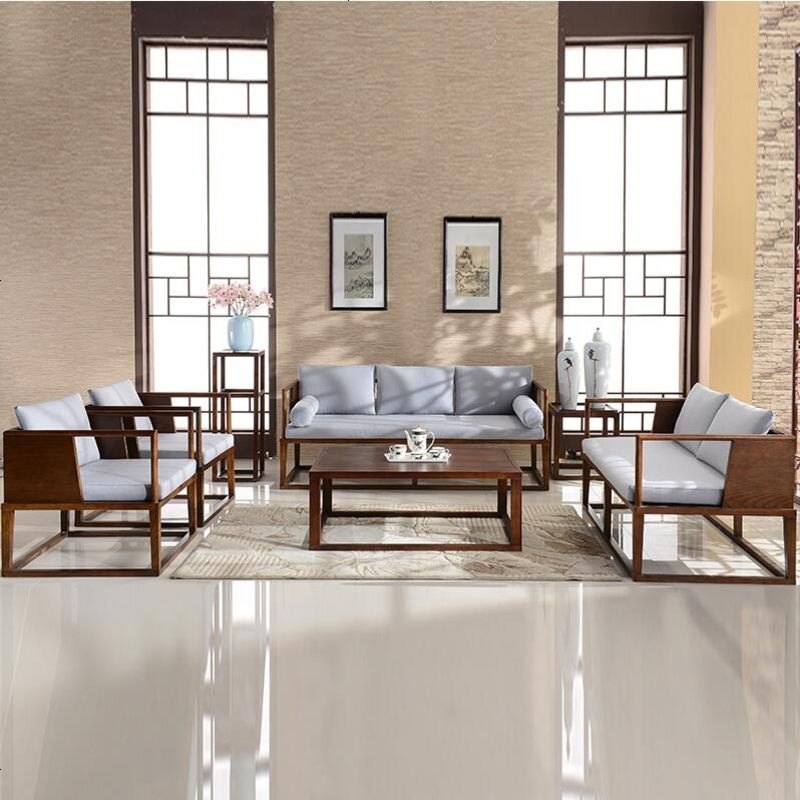 新中式禅意布艺沙发后现代简约小户型客厅实木沙发酒店会所家具