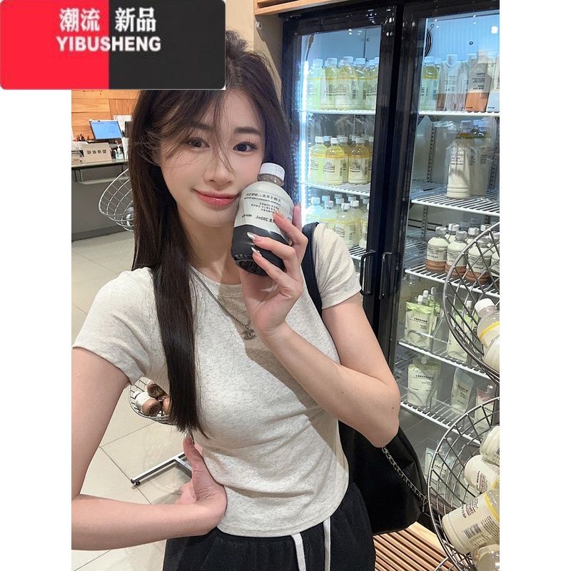 YIBUSHENG白色短袖打底衫内搭t恤女装春季新款修身辣妹短款正肩紧身上衣高清大图