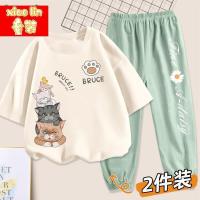 女童套装夏季薄款宽松短袖防蚊裤两件套儿童夏装洋气童装女_600 110 眨眼猫爪K米白+英文菊灰绿裤