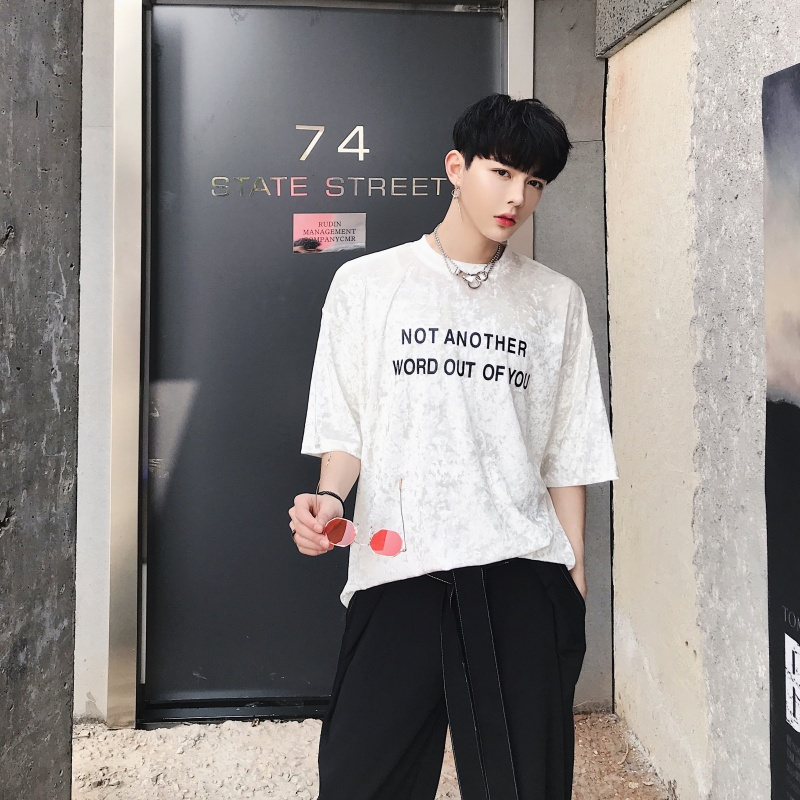 上个性的潮牌印花圆领短袖T恤夏季街头bf风宽松潮男夜店dj服装