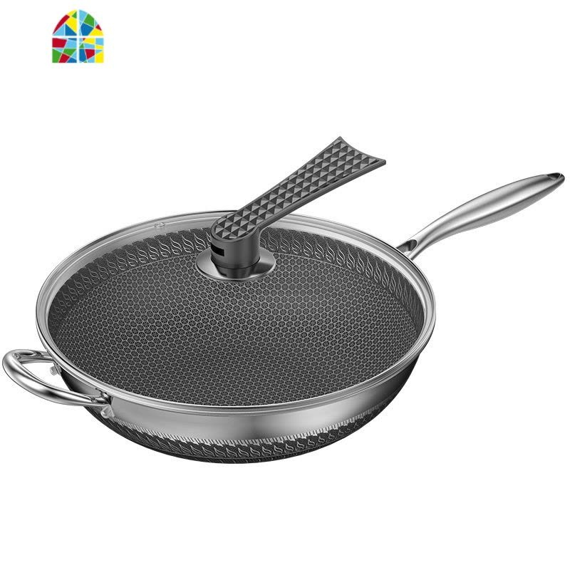 抖音同款316不锈钢炒锅蜂窝全面双面屏锅家用平底无涂层 FENGHOU 316不锈钢单面无盖无耳32cm图片