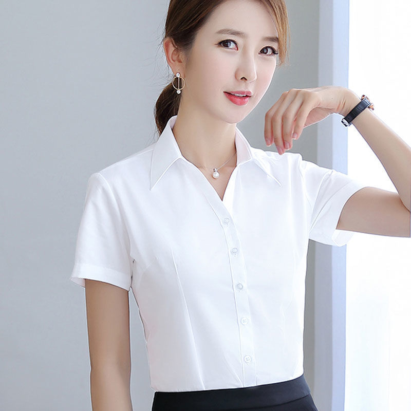 白衬衫女短袖韩版女职业工装大码工作服夏季新款V领衬衣修身显瘦 白色V领短袖/防走光 S 建议90斤以下