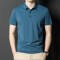 夏季翻领无痕短袖T恤男士竖条纹休闲polo衫男装潮流薄款冰丝半袖 185/XXL 兰色
