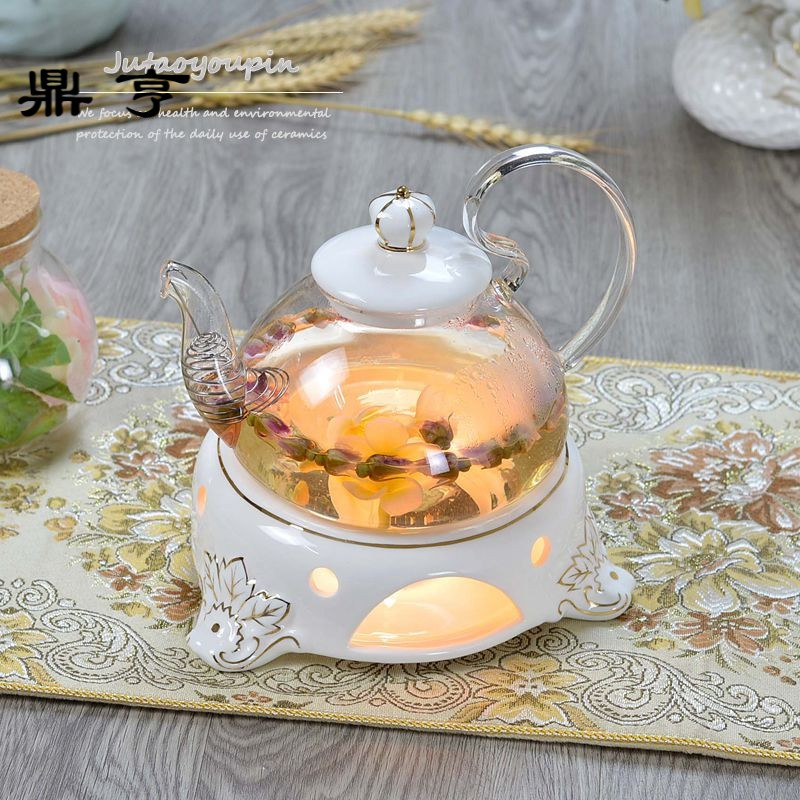 鼎亨欧式煮红茶水果茶壶套装带托盘 耐热陶瓷玻璃花茶具普洱可