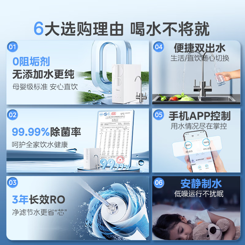 美的(Midea)净水器家用直饮小体积厨下RO反渗透净水器一体机双出水玲珑净水器800G 母婴直饮极致 800G净水器高清大图