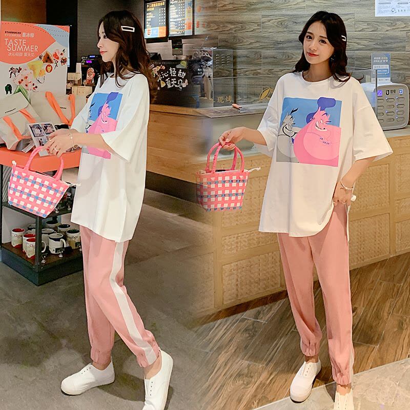 迪鲁奥(DILUAO)LYL 2021夏季新款孕妇套装夏季新款印花T恤+托腹裤孕妇两件套F437-30 上衣+裤子图片