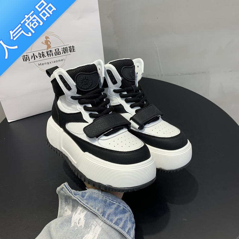 SUNTEK高帮松糕底休闲鞋魔术贴潮鞋2023年秋季新款女鞋小白鞋百搭 36 黑色高帮